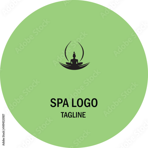 Spa logo design featuring a meditating figure in a serene, light green circle. Simple, minimalist logo design for a spa or wellness center.