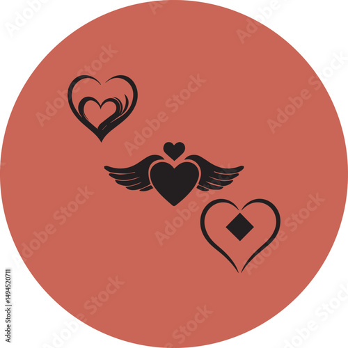 Abstract heart design on a solid background. Ornate hearts with wings and a diamond-shaped heart, in a graphic design style.