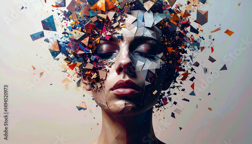 A woman's face disintegrates into fragmented geometric shapes against a neutral background.