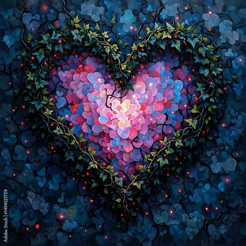The image features a heart-shaped arrangement of multicolored flowers set against a dark background with twinkling lights and a dense pattern of ivy.