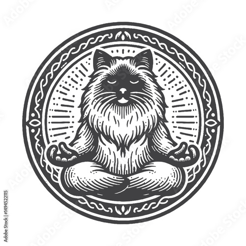 Vintage Hand-Drawn Ragdoll Cat Meditating with Calm Expression Illustration – Peaceful Feline Engraved Style Vector for T-Shirts, Posters, Stickers, and Mindfulness Apparel