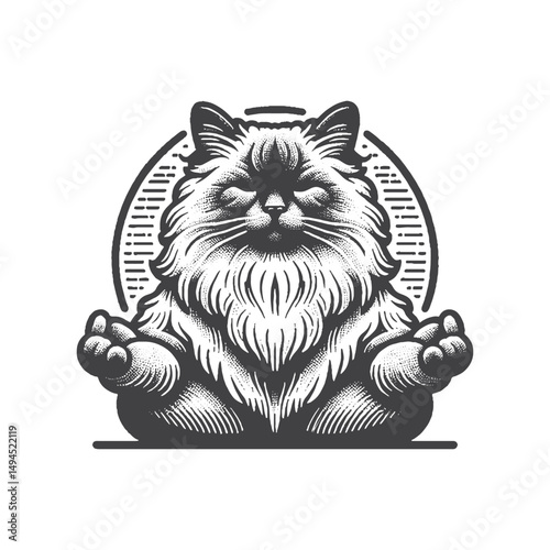 Vintage Hand-Drawn Ragdoll Cat Meditating with Calm Expression Illustration – Peaceful Feline Engraved Style Vector for T-Shirts, Posters, Stickers, and Mindfulness Apparel