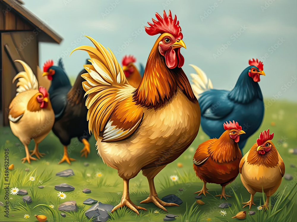 Fototapeta premium Bielefeld hens on a farm, illustration