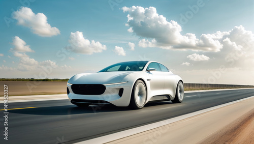A white electric car speeds down a highway under a partly cloudy sky, showcasing modern design.