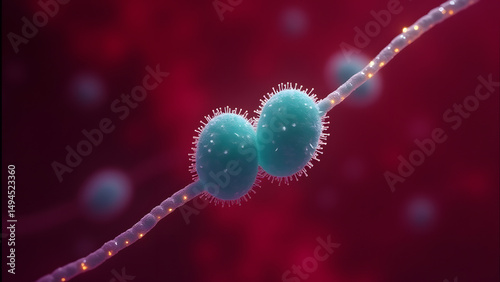 Paired cocci with capsule and thread-like virus glowing teal on red microscopic field.