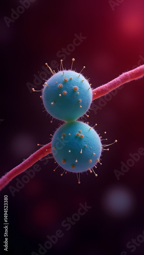 Paired cocci with capsule and thread-like virus glowing teal on red microscopic field.