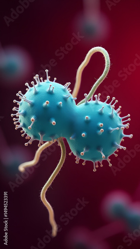 Paired cocci with capsule and thread-like virus glowing teal on red microscopic field.