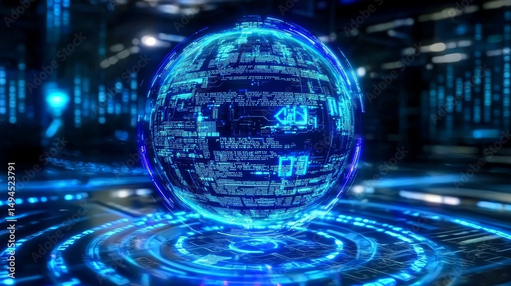 Obraz premium An advanced digital representation of a sphere with coding elements