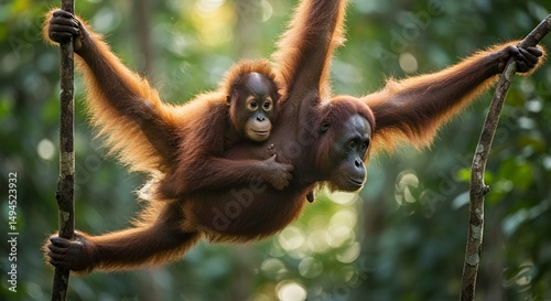 Bornean Orangutan Mother and Baby in Rainforest photo