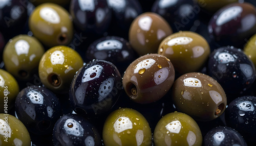 A realistic macro photograph showcasing a colorful mix of various olives immersed in golden olive oil.