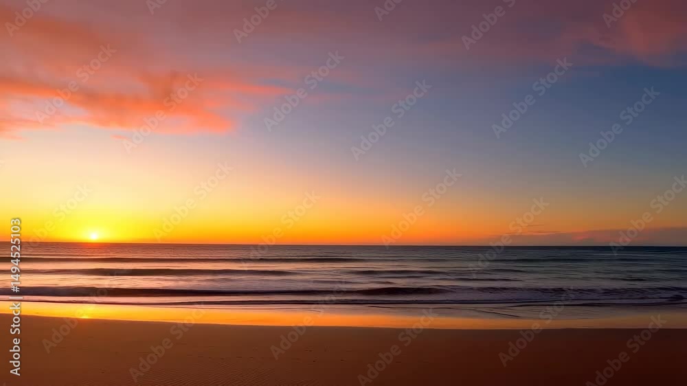 Beautiful scenic view of a glowing sunrise over a sandy beach and gentle ocean waves with colorful clouds reflecting in the wet sand.