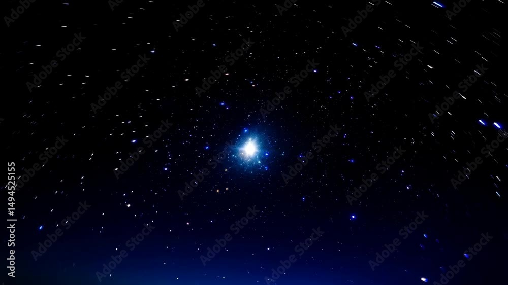 Distant galaxy shining brightly with numerous stars in deep, vast dark space background, many faint streaks of light motion and clusters of stellar objects