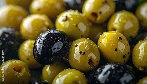 A realistic macro photograph showcasing a colorful mix of various olives immersed in golden olive oil.