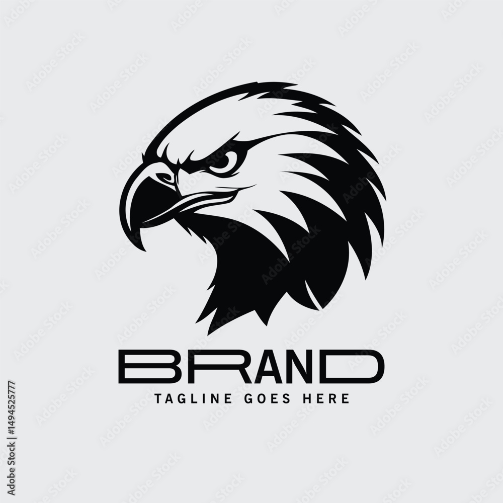Fototapeta premium Black and white eagle head logo design for a brand. Bold profile view of an eagle head in a clean, modern graphic design.