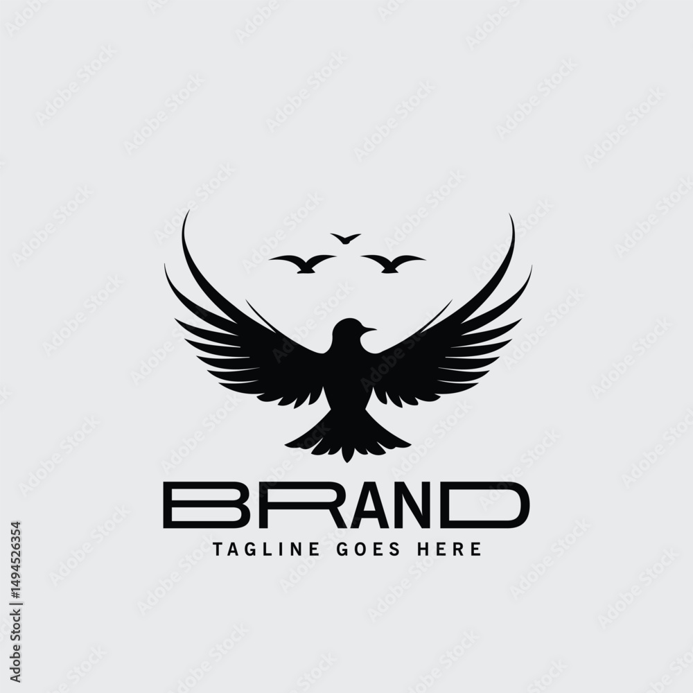 Obraz premium Black silhouette of a soaring bird with outstretched wings and small birds in flight, featuring a modern, clean logo design.