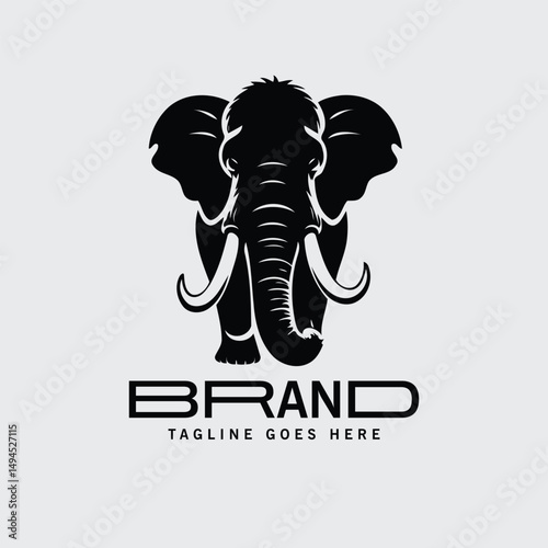 Black and white elephant logo design for a brand. Strong silhouette of an elephant in a centered, frontal view.