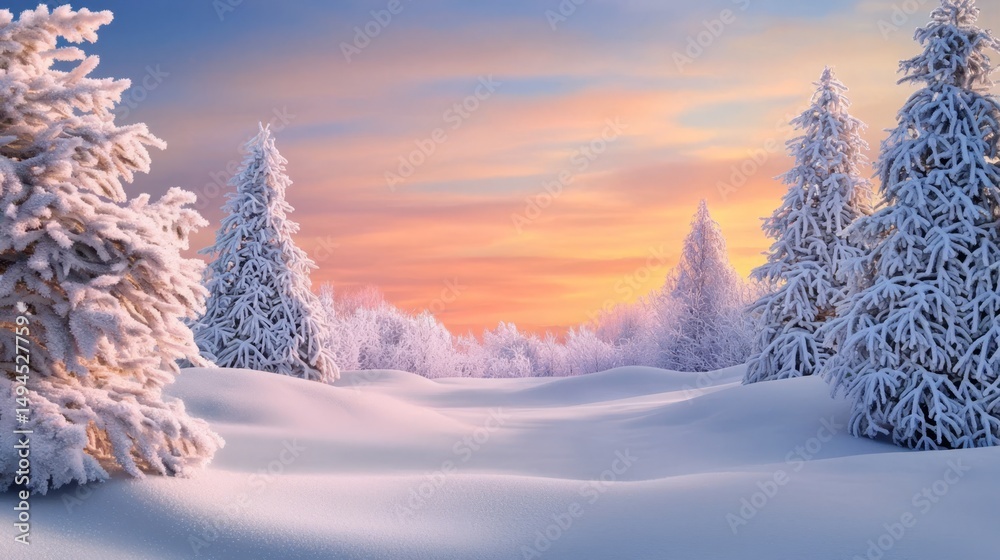 Fototapeta premium Captivating views of snow-covered trees framed by a stunning sunset backdrop.
