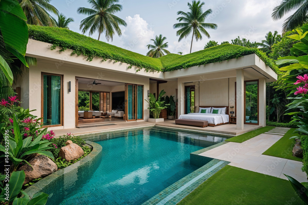 Fototapeta premium Stunning tropical villa featuring a private swimming pool, offering a luxurious escape in a serene setting.