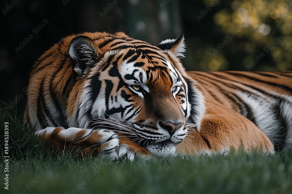 Fototapeta premium A tiger resting peacefully on the grass with its head resting on its paws in a relaxed pose