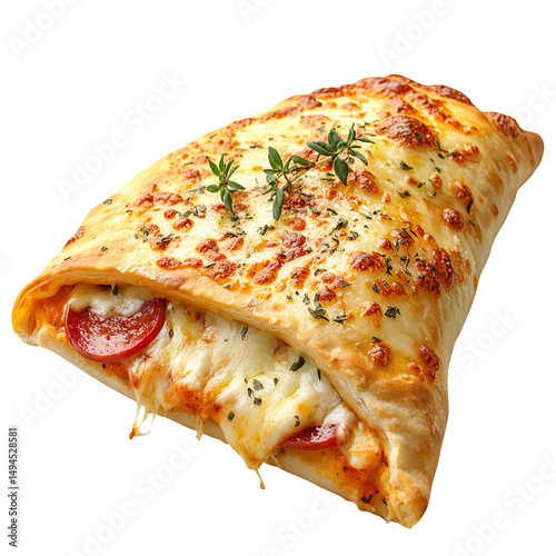 Delicious calzone style folded pizza stuffed with pepperoni and cheese, showcasing golden crust and melted cheese, perfect for satisfying meal isolated on a white background