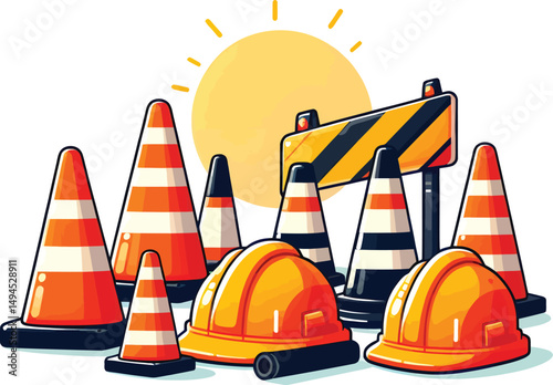 Vector Illustration of Construction Site Safety Equipment: Hard Hats, Traffic Cones, and Road Barrier