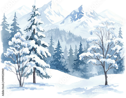 Hand-Painted Watercolor Winter Mountain Landscape with Snow-Covered Trees