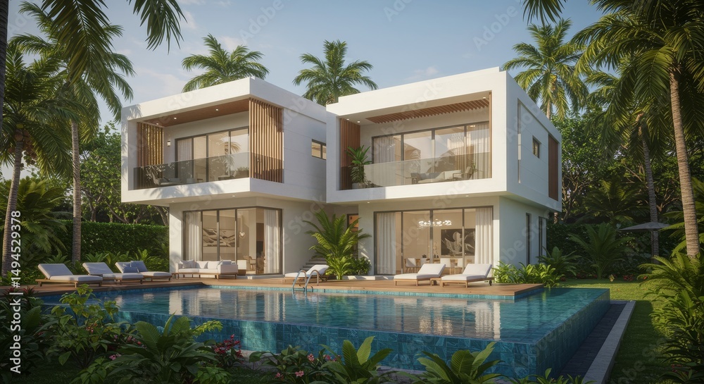 Fototapeta premium Luxurious Tropical Villa Escape - Modern villa, private pool, lush greenery, palm trees, tropical paradise. Represents luxury, relaxation, vacation, escape, and tranquility