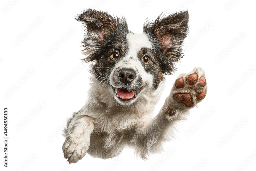 Fototapeta premium PNG Energetic black-and-white dog mid-jump with playful expression