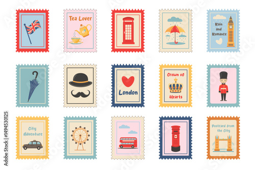 UK Stamps set. Collection of postage stamps on theme of England and London. Vector illustration isolated on white background