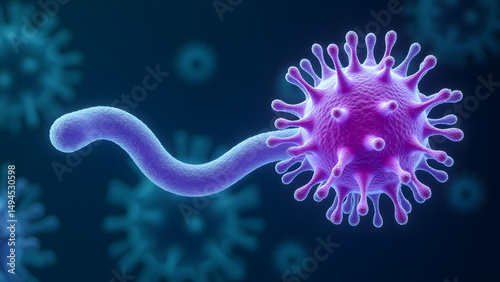 Arched bacterium and spiky polyhedral virus with violet glow under microscope.