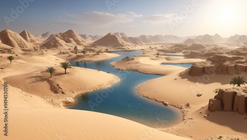 Amid the vast, arid sands, an oasis emerges—green, calm, and impossibly alive.