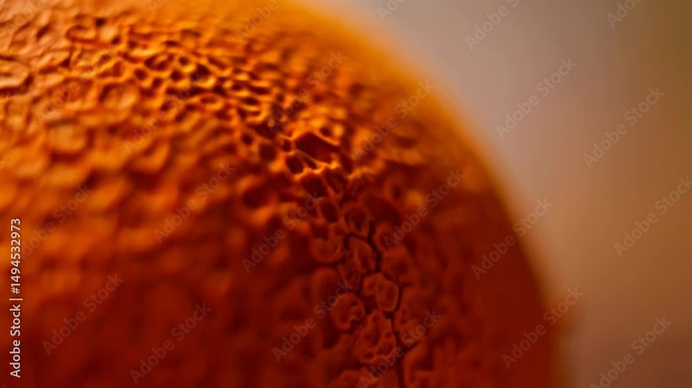 Close-up of a textured orange fruit with a bumpy, cratered surface, creating an abstract, organic pattern and a tactile, visual experience.