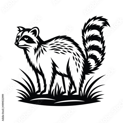 Black Silhouette Raccoon Standing Tall in Grass, Forest Wildlife Animal in Outline Style