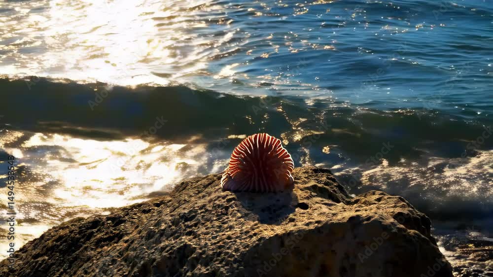 Translucent coral resting on weathered coastal rock with sunlight reflecting off wavy blue ocean surface