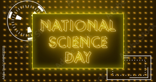 National Science Day text animation.National Science Day text background.Neon-colored Science Day text for banner, social media, Marketing, Sale, and Science.Easy to put into any video.