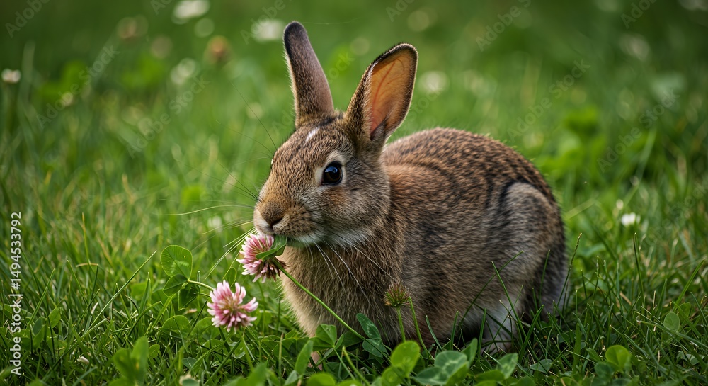 Fototapeta premium Adorable Bunny Rabbit Eating Clover in Lush Green Grass