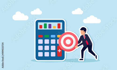 Businessman holding target board next to calculator showing chart illustration of calculation and business decision prediction
