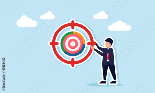 Businessman holding target icon with target board illustration of setting business target