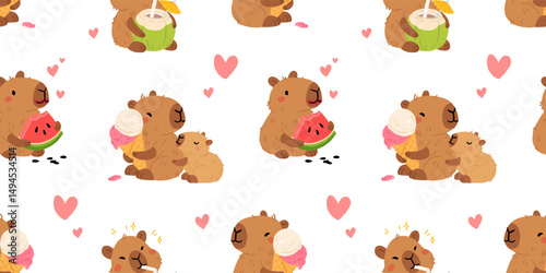 Seamless pattern with cute summer capybaras in various poses and items. Hand drawn cartoon flat style. Vacation seasonal template for design, kids collection