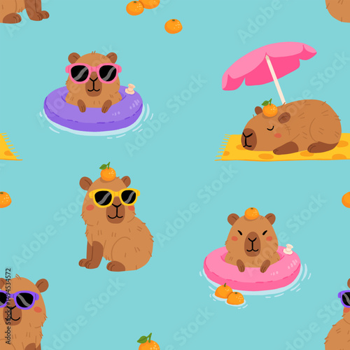 Cute vector cartoon background with relaxed capybara with sunglasses swimming on an inflatable ring with oranges, sunbathing, sleeping under umbrella on the beach. Fun summer seamless pattern