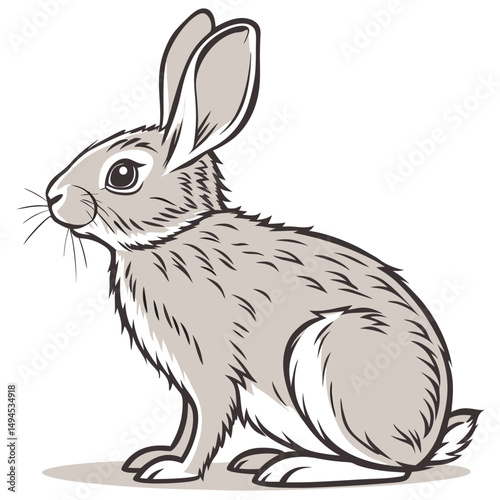 Monochrome Rabbit Sitting Profile, Isolated Cute Bunny with Long Ears and Dark Outline