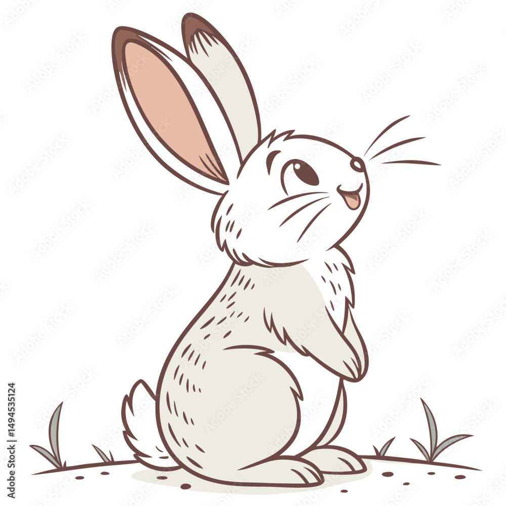 Fototapeta premium Cute cartoon bunny sitting upright on grass, adorable animal character design