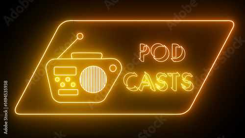 Cool radio podcast logo animated in neon background. Radio podcast logo for recording, podcasts, Live Streaming, celebration, and New Year. Radio podcast logo animation.
