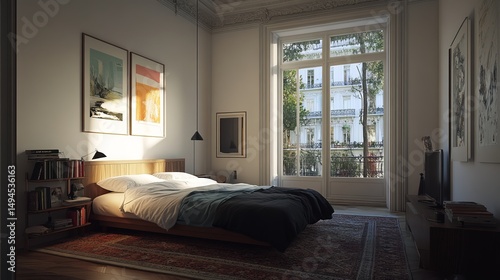 Sunlight streams into a cozy bedroom with a view