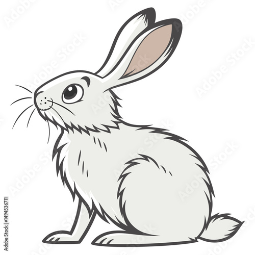 Cartoon White Hare with Large Eyes, Detailed Fur, Upright Sitting Pose, Cute Animal