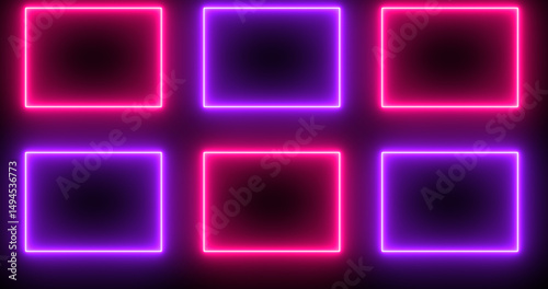 Neon glowing square shapes on dark BG. Cool animated square shapes for online shop, blog, web, advertisement, cafe, and hotel on a dark background.Technology video material animation. Easy to use.
