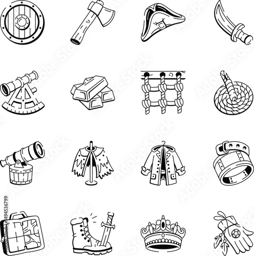 Collection of Pirate Accessories Doodle Icons 
