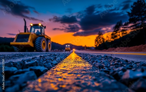 Road construction at sunset