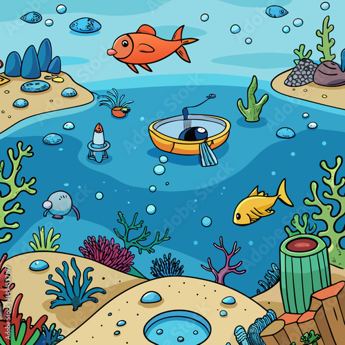 Cartoon underwater scene with fish, boat, and coral reef illustration