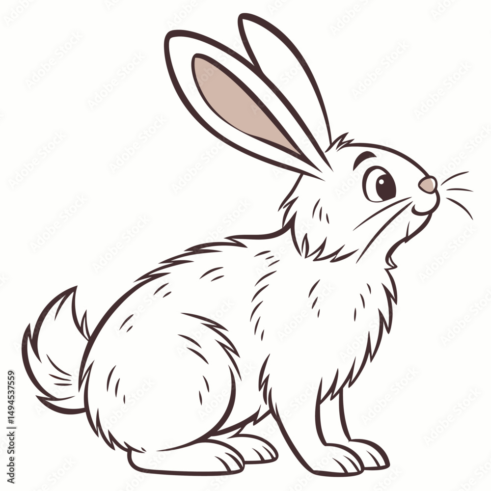 Fototapeta premium Cartoon White Rabbit Illustration. Simple, Cute, Fluffy Animal with Brown Outline